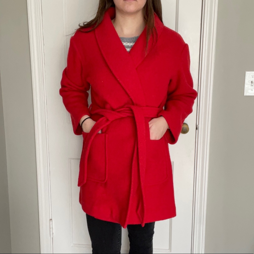 J Crew Belted Wrap coat in red wool